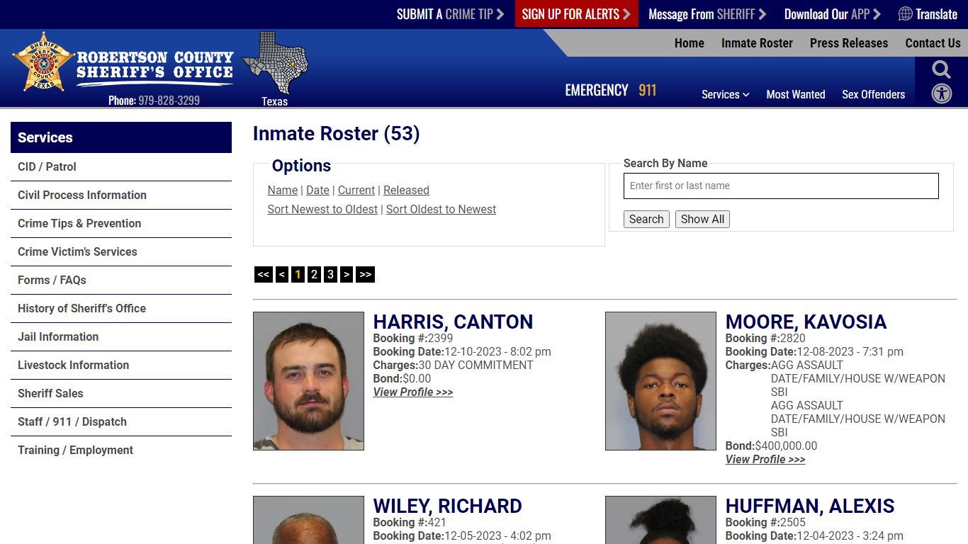 Current Inmates Booking Date Descending - Robertson County TX Sheriff