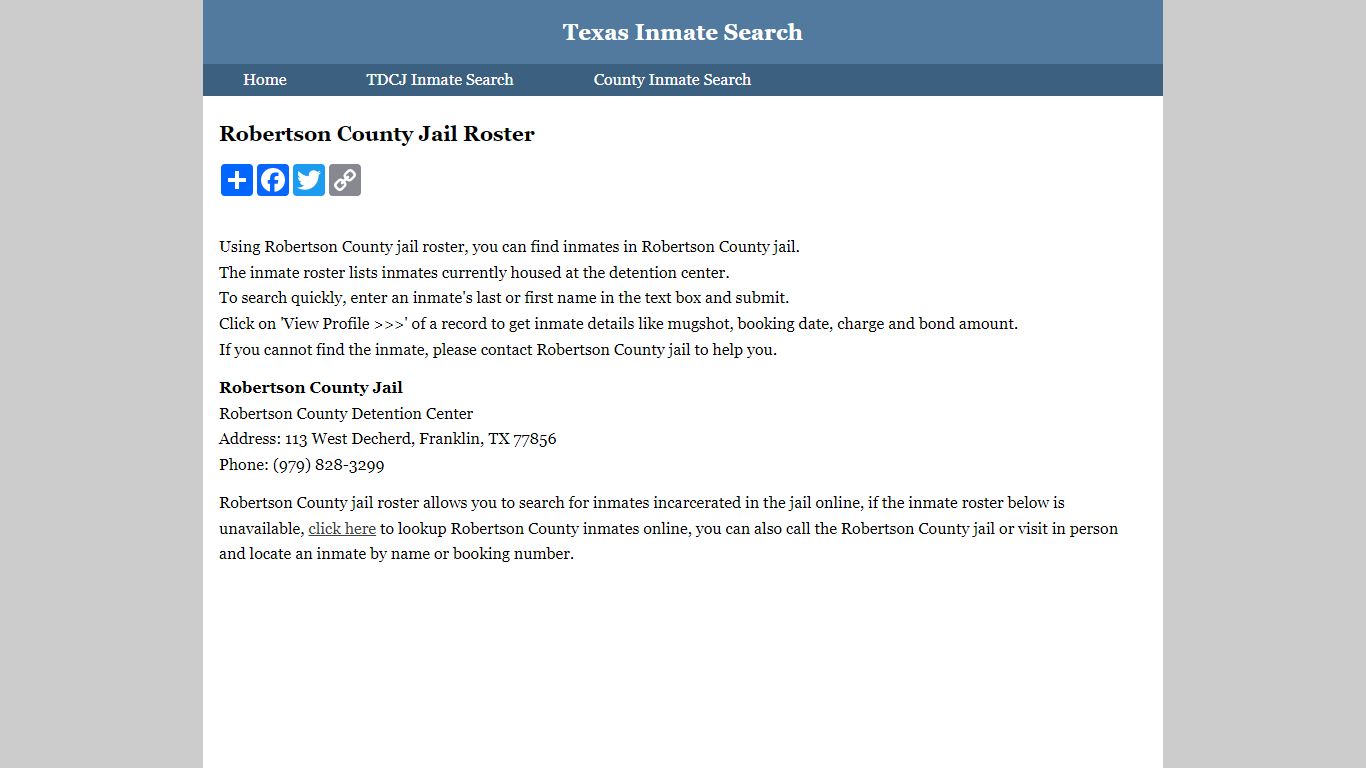 Robertson County Jail Roster - Texas Inmate Search